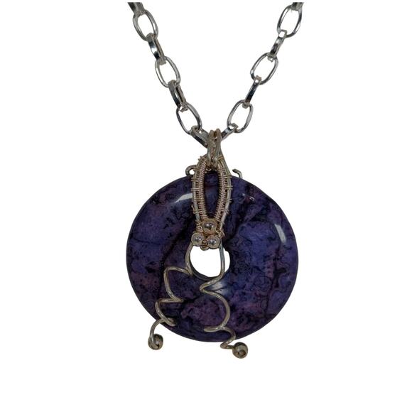 Purple Jasper Donut stone SF SP wire wrapped,Adjustable Chain to 24"Lobster clas - Picture 1 of 8